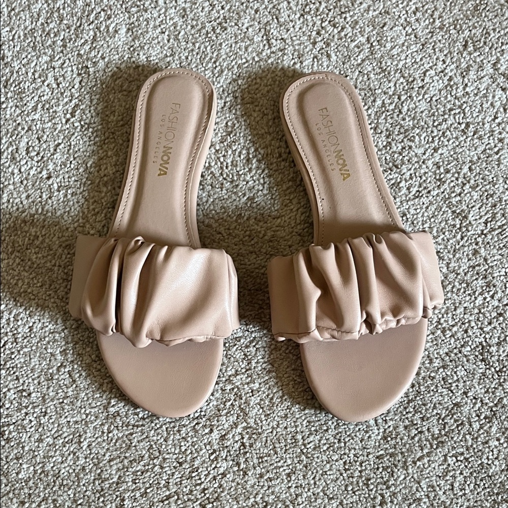Fashion Nova Beige Ruffle Slide Sandals